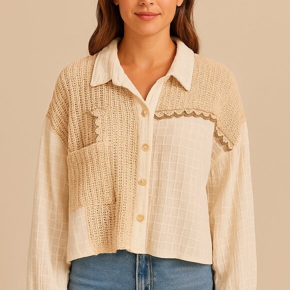 Peach Female Cream Beige Crinkle Crochet Button Front Patchwork Top Blouse Large - Picture 1 of 8